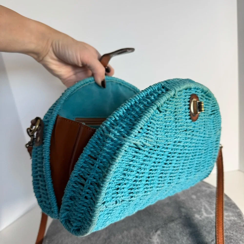 Patricia Nash Bonella Crossbody Wicker Blue Purse Bag Leather Strap